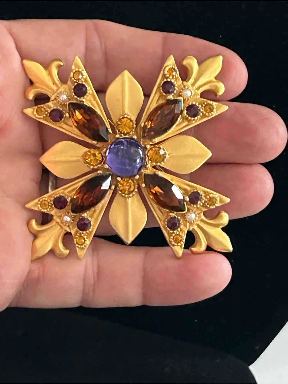 Maltese Cross with Fleur de Lis Brooch Rhinestone Purple Brown Gold Signed